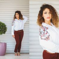 قميص  بتطريز ناعم  - L - ابيض 