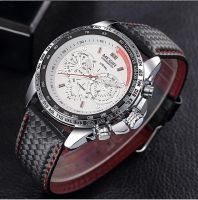 ساعة رجالي Megir 1010 بسوار جلدي اسود وخلفية  بيضاء 