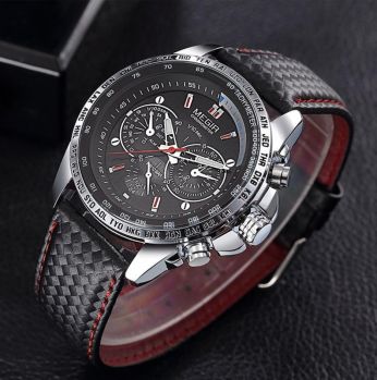 ساعة رجالي Megir 1010 بسوار جلدي اسود وخلفية سوداء 