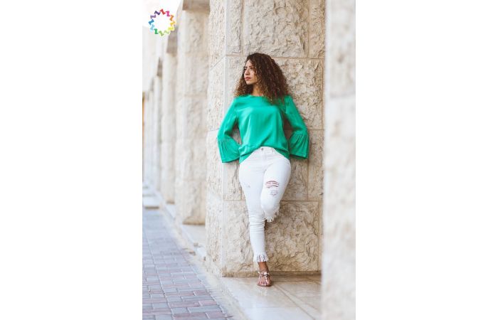 بلوزة ستان  - S - فيروزي 